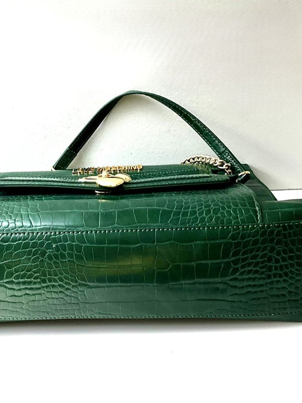 Love Moschino  Green Croc Embossed Leather Tote Bag Gold Chain Heart Lock - Picture 6 of 11